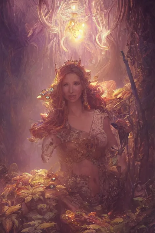 Image similar to lisa kudrow, mushroom kingdom, fantasy character portrait, concept art, sorceress, magical aura, bright, interesting angle, intricate details, highly detailed by greg rutkowski, gaston bussiere, simon bisley