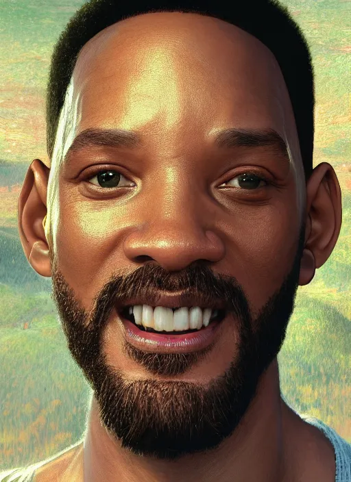 Image similar to portrait of will smith as jesus, au naturel, hyper detailed, digital art, trending in artstation, cinematic lighting, studio quality, smooth render, unreal engine 5 rendered, octane rendered, art style by klimt and nixeu and ian sprigger and wlop and krenz cushart.