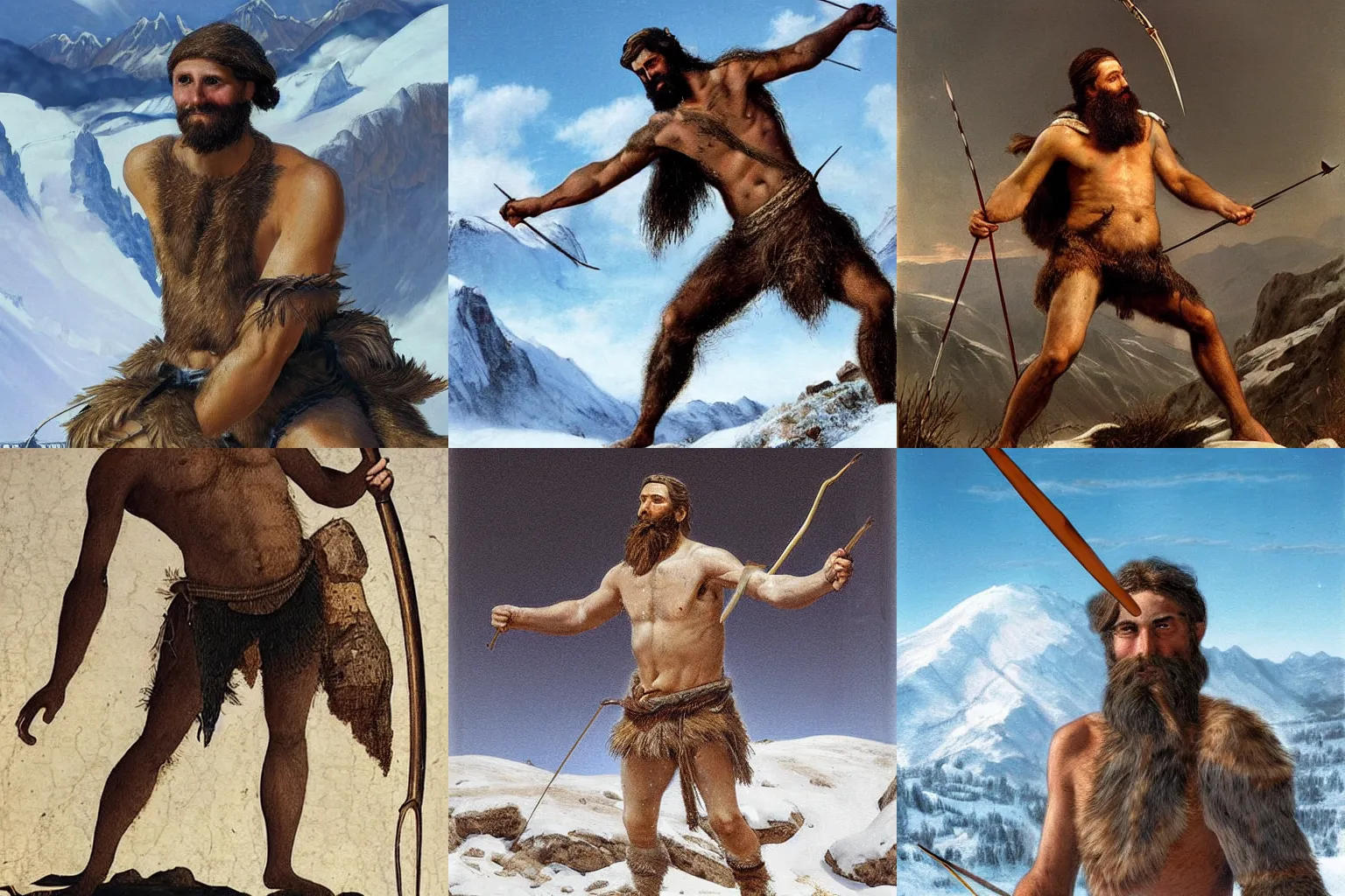 Prompt: A bearded man during the bronze-age, Ötzi, climbs a snowclad mountain with an arrow stuck in his left shoulder, stunning digital art