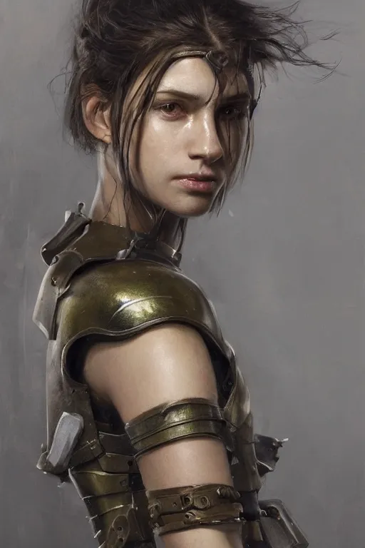 Image similar to a photorealistic painting of an attractive young girl, partially clothed in battle armor, olive skin, long dark hair, beautiful bone structure, symmetrical facial features, intricate, elegant, digital painting, concept art, illustration, sharp focus, minimal artifacts, from Metal Gear, in the style of Ruan Jia and Mandy Jurgens, by Greg Rutkowski, trending on Artstation, award winning