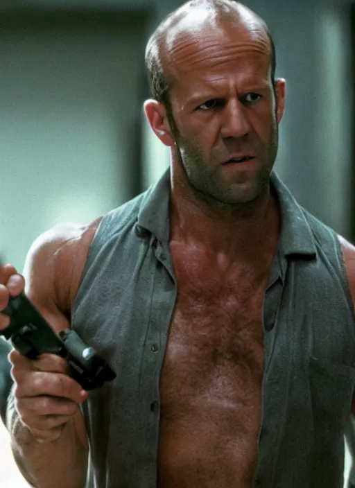 Prompt: film still of Jason Statham as John McClane in Die Hard, 4k