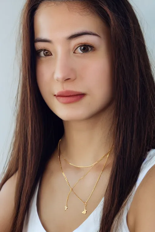 Image similar to 2 4 year old professional female wearing white v - neck top, 1 8 k gold necklace pendant, portrait, neck zoomed in, photo realistic, extreme detail skin, no editing, slr, golden hour, 4 k, high definition, selfie