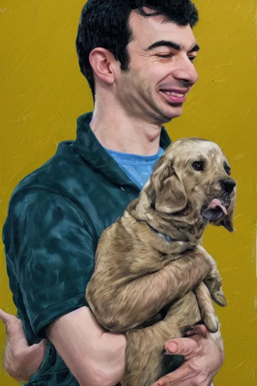 Image similar to painting by jon hale of nathan fielder holding pupper strings, masterminding, paint streaks, action lines!!!, visible texture, blurry, blurred