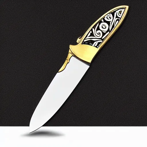 Prompt: mother of pearl intricate reflection pocket knife gold inlay realistic