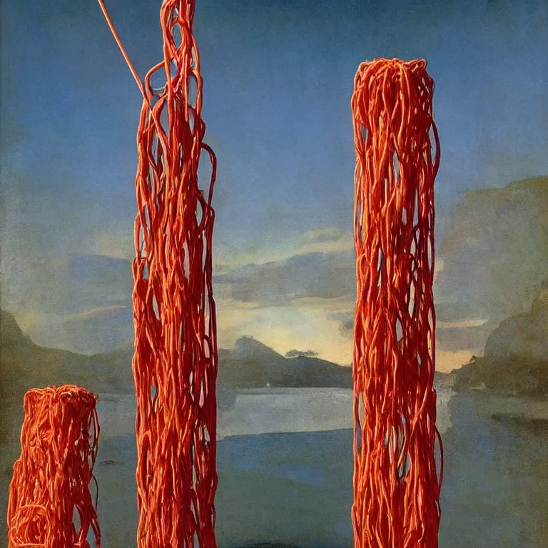 Prompt: A Monumental Public Sculpture of a 'Exclamation Point made out of red Spaghetti' on a pedestal by the lake, surreal oil painting by John Singer Sargent and Maxfield Parrish and Max Ernst shocking detail hyperrealistic!! Cinematic lighting