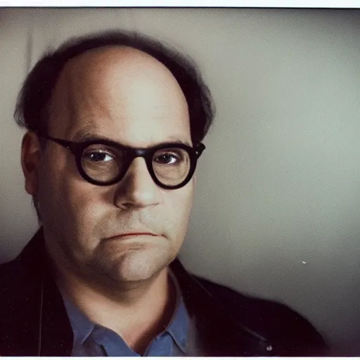Prompt: Portrait of sad George Costanza in a leather jacket, ethereal!!!!, polaroid, punk