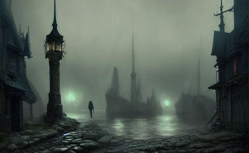 Image similar to extreme long shot concept art depicted an old english mystic town | art by thornton oakley and darek zabrocki and harvey dunn | dramatic mood, overcast mood, dark fantasy environment | fantasypunk, trending on artstation, unreal engine, hyperreal movie shot