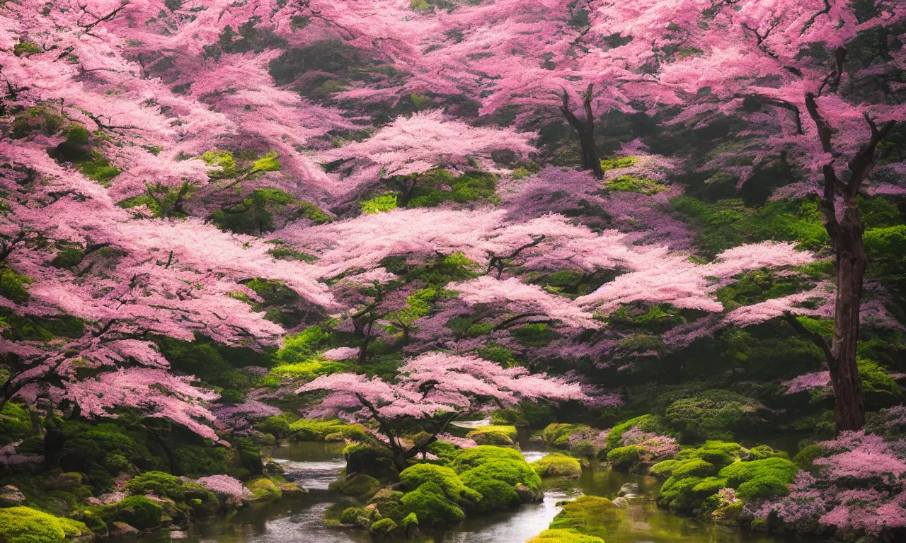 Prompt: Beautiful Photo art of sakura garden, Japan, magical summer, trending on artstation, 50mm, by Noah Bradley
