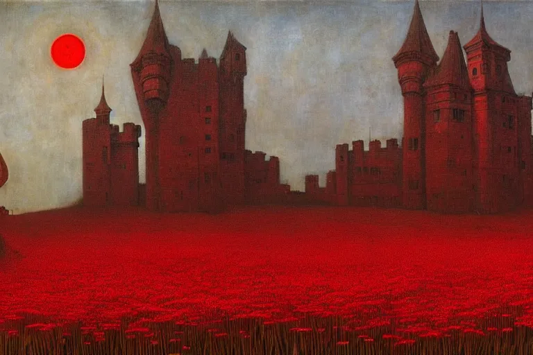 Image similar to only with red, red flowers of different types, a red tiger, a castle in the background, medieval demons dance over the flowers, an ancient path, in the style of beksinski, part by hopper, part by rodcenko, part by hofbauer, intricate composition, red by caravaggio, insanely quality, highly detailed, masterpiece, red light, artstation