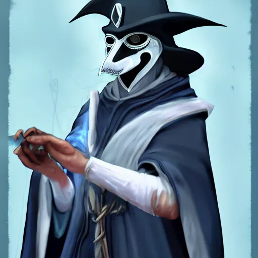 Image similar to a wizard wearing a white plague mask with a blue robe using a magical spell, white plague doctor mask, d & d character design art, gta cover art, gta loading screen art, digital art, unreal engine 5