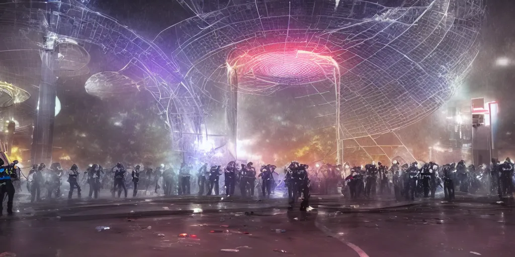 Image similar to policemen protecting a huge spiral - shaped bright luminous attractor right in the center of the city from protesting people,, rain and light fog, professional lighting, concept art in 3 d, high detail, professional lighting, 8 k, unreal engine