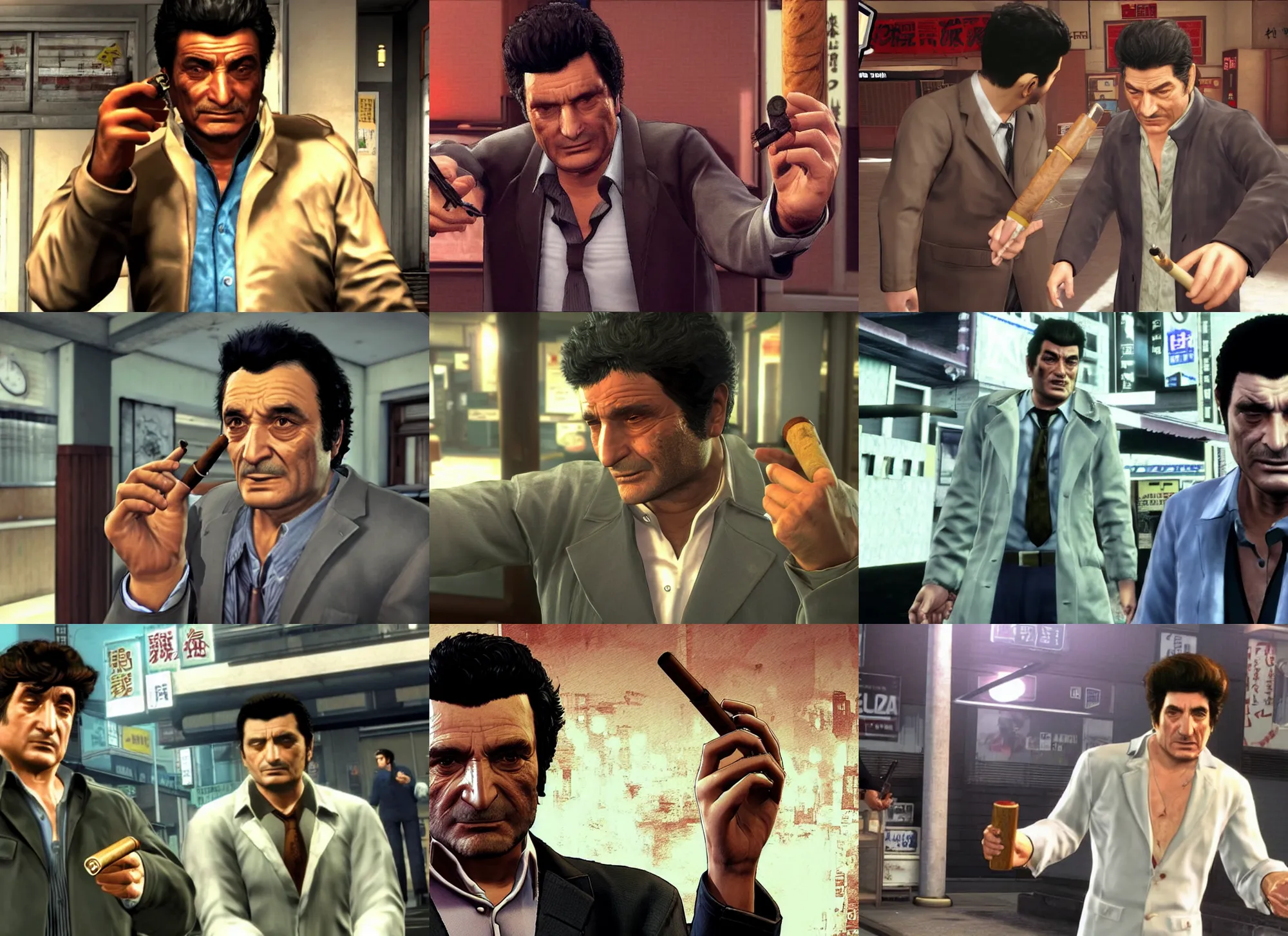 Prompt: video game still of police detective columbo ( played by young peter falk ) in his messy trenchcoat, holding a cigar in the video game yakuza zero. detailed pores