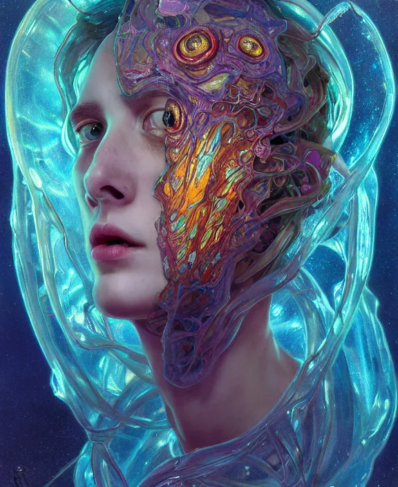 Prompt: ornate colorful transparent portrait of a terrifying beautiful alien sea creature, mottled coloring, adorable, childlike, horror environment, ultra realistic, concept art, art nouveau, photorealistic, octane render, 8 k, unreal engine. art by christopher marley and artgerm and greg rutkowski and alphonse mucha