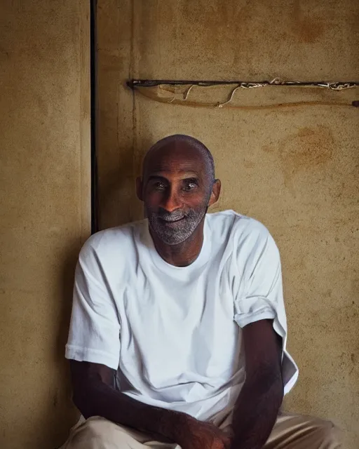 KREA - portrait of kobe bryant, wrinkled, in 7 0 years old, wearing lakers  jersey, photography by steve mccurry, 1 5 mm lens, in his study, trending  on artstation