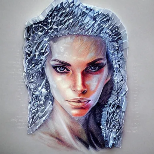 Image similar to woman portrait made out of ice and fire, beautiful, cyborg, comic book art, highly detailed