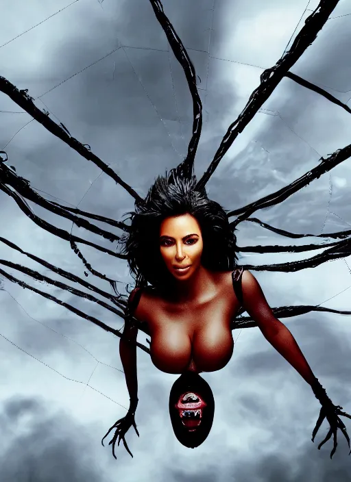 Image similar to film still of kim kardashian, alien spider over her face as she struggles, spider webbed body, scary, cinematic full shot, full body pov, 4k.