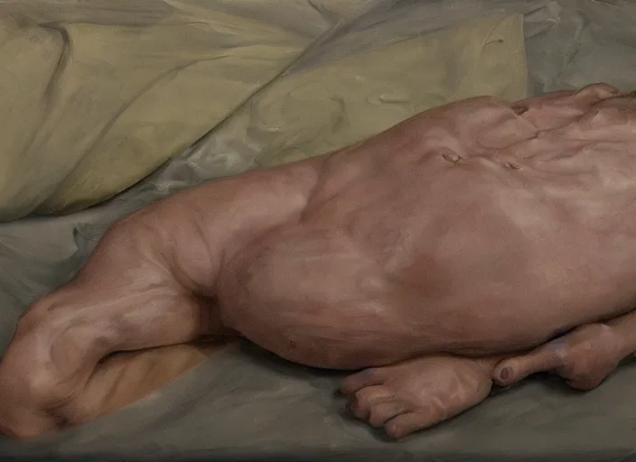 Prompt: Real life Homer Simpson, deceased in a casket, painted by Lucian Freud, highly detailed, 8k