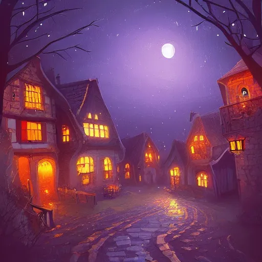 Prompt: A quaint, medieval magical village at night, digital painting by Alena Aenami, trending on artstation