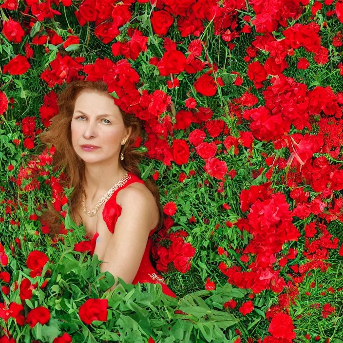 Image similar to closeup portrait of a woman in a red dress, sitting in a throne of flowers, by Annie Leibovitz and Steve McCurry, natural light, detailed face, CANON Eos C300, ƒ1.8, 35mm, 8K, medium-format print