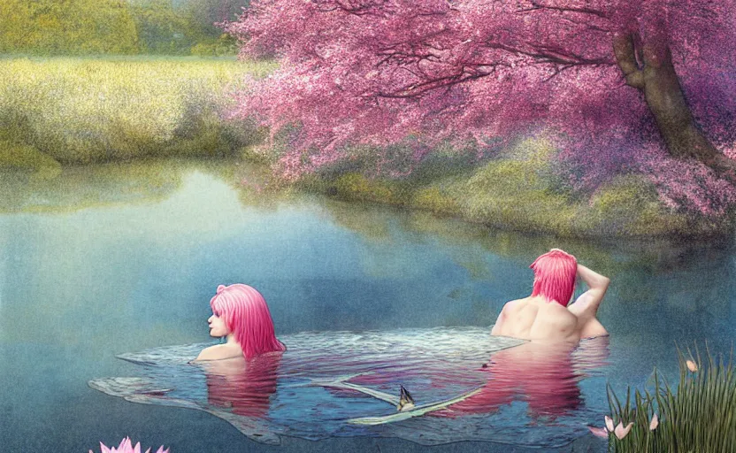 Prompt: harmony of pink haired merman backlit staring at black haired young man from across a pond, love at first sight, by alan lee, muted colors, springtime, colorful flowers & foliage in full bloom, sunlight filtering through trees & skin, digital art, art station cfg _ scale 9