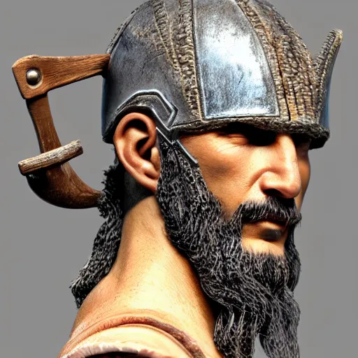 Image similar to of a 3d clay model of a viking from valhalla, wearing the horned helmet ultra fine detail, hair strands, ultra high resolution, fine texture detail, miniature painting techniques, perfect proportions, marvel cinematic universe, eric bana