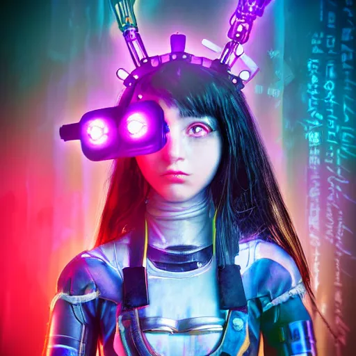 Prompt: 35mm head and shoulders portrait macro shot of a Cyberpunk magical girl in a blend of manga-style art, augmented with vibrant composition and color, all filtered through a cybernetic lens. Graflex photograph