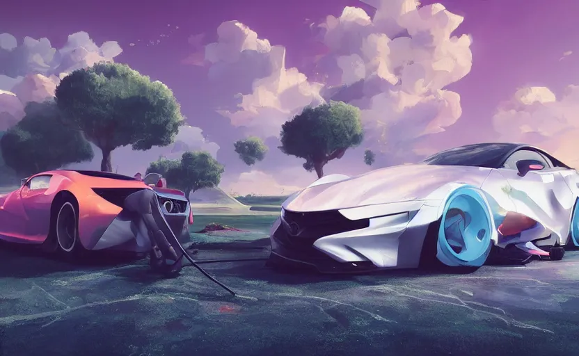 Prompt: a random crossover design sport car in a utopia world. art by filip hodas. clouds by rhads. car by nissan. white paint.