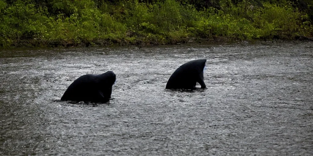 Image similar to Scary cryptid in a river in alaska at night, long lens, telephoto, candid picture, front lit by flashlight