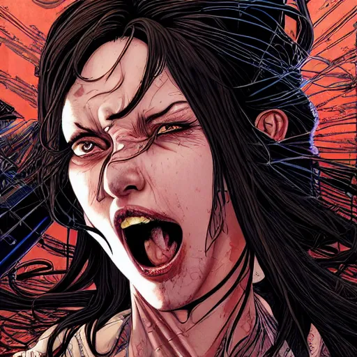 Image similar to portrait closeup of crazy screaming lara croft, symmetrical, cinematic colors, by yoichi hatakenaka, masamune shirow, josan gonzales and dan mumford, ayami kojima, takato yamamoto, barclay shaw, karol bak, yukito kishiro