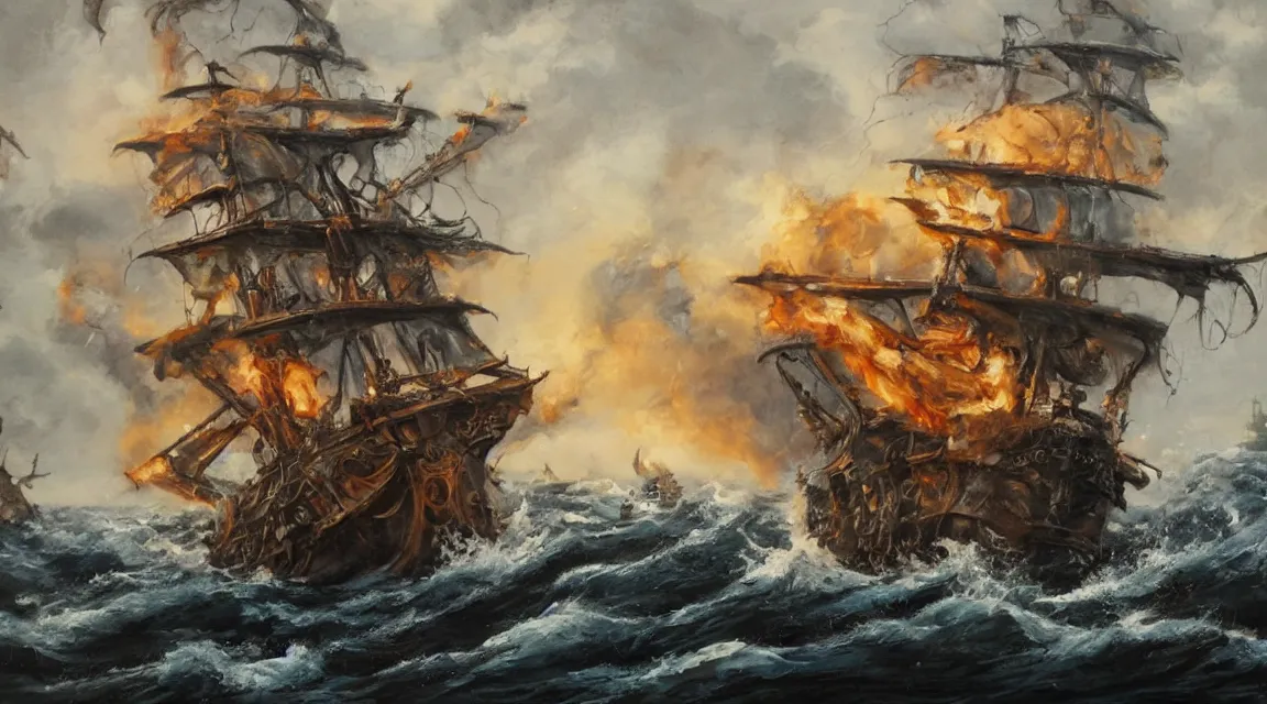 Image similar to oil painting of a pirate ship being attacked by a kraken