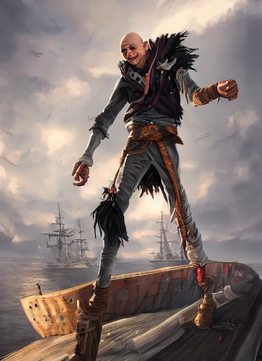 Image similar to An epic fantasy comic book style portrait painting of a skinny white bald sky-pirate with a goofy expression sitting in front of a ship's cannon, unreal 5, DAZ, hyperrealistic, octane render, cosplay, RPG portrait, dynamic lighting