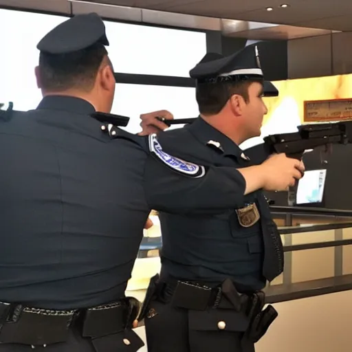 Prompt: airport custom officers pointing their weapons at spices!!!!!! from a passenger, satire, dramatic, hyperdetailed, cinematic lighting