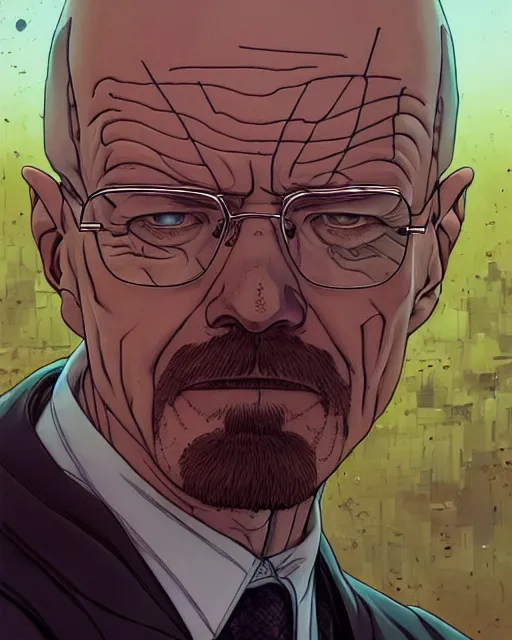 Image similar to portrait of walter white as a robot, cybernetic enhancements, art by makoto shinkai and alan bean, yukito kishiro