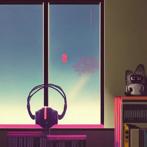 Prompt: a little girl with headphone by yoshitomo nara, in her room, 1 9 8 0, retrofuturism, clean, window, cat, bookself, vase, desk, at night, dramatic lighting, alien technology, detailed by simon stalenhag