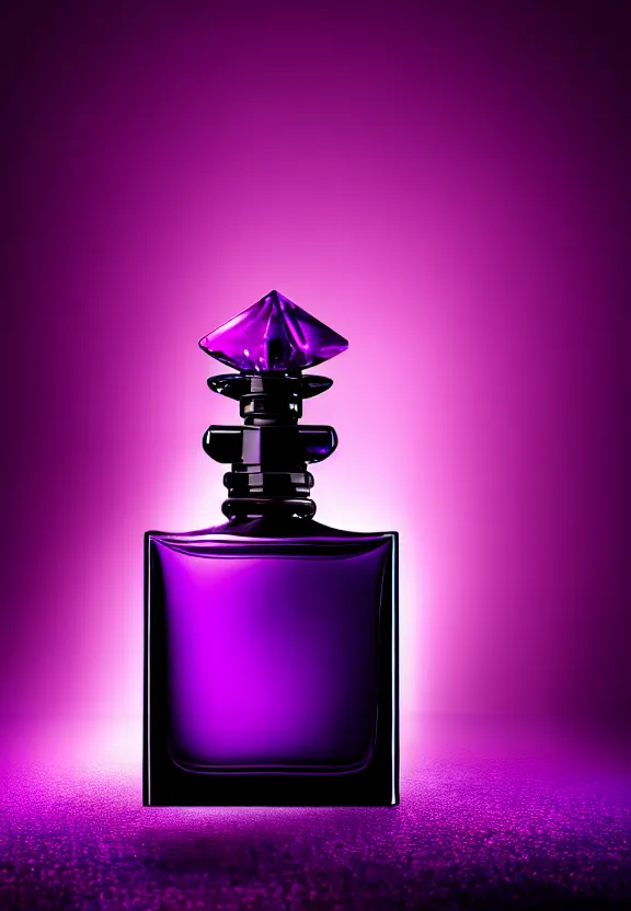 Prompt: close up shot of one premium perfume bottle containing purple liquid, the bottle is placed on a black table, the bottle is in the middle of the scene, purple dust in the background, dark cinematic lighting, spotlight, ultra detail, commercial, designer product, cinematic lighting, hd artstation, symmetrical, rendered, 4k