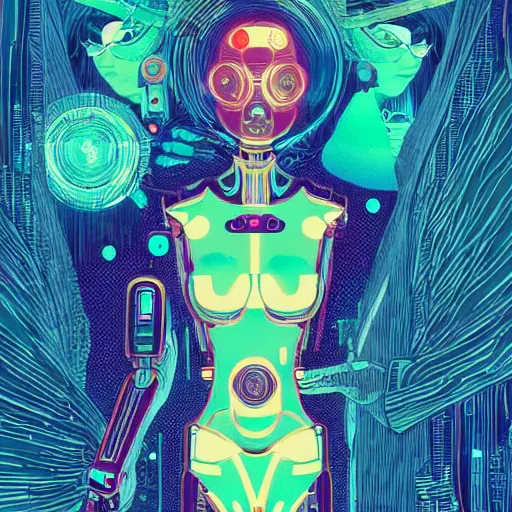 Prompt: a cybernetic mannequin by victo ngai and josan gonzalez and akub rebelka and conrad roset and paul lehr, trending on artstation