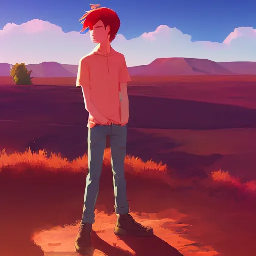 Prompt: red haired teen boy, desert in the background, digital painting, artstation, highly detailed, by makoto shinkai and thomas kindle and James gilleard