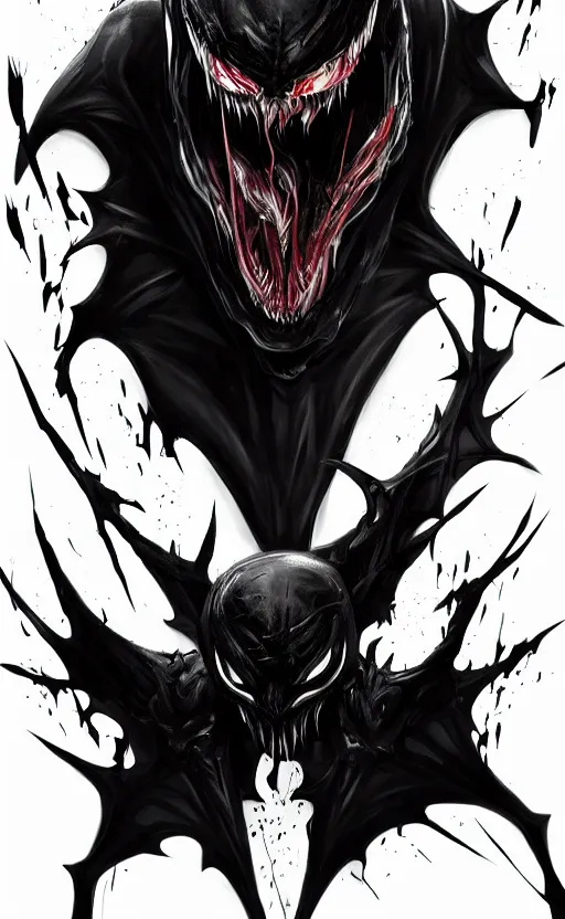 Image similar to venom combined with batman, venomized, creepy art, hyperrealistic art, digital art, cinematographic, concept art, artstation, 8 k