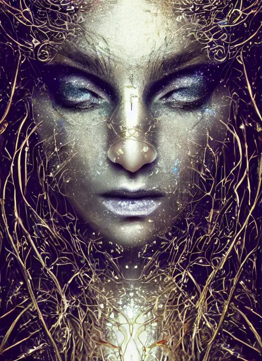 Image similar to book cover, glowing silver and golden elements, full close-up portrait, female portrait model from shutterstock as a dark evil looking witch, green forest, white moon, red lips, establishing shot, extremly high detail, photo-realistic, cinematic lighting, pen and ink, intricate line drawings, by Yoshitaka Amano, Ruan Jia, Kentaro Miura, Artgerm, post processed, concept art, artstation, matte painting, style by eddie, raphael lacoste, alex ross
