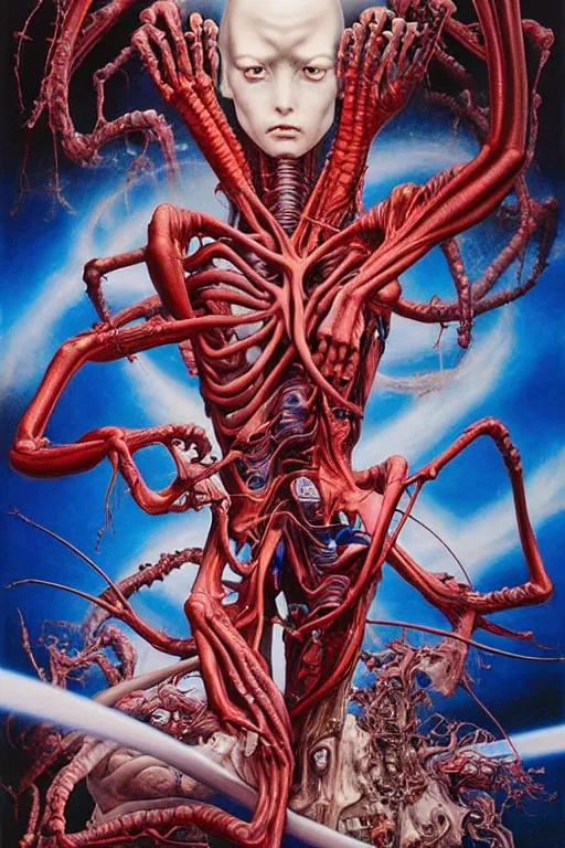 Prompt: a tall, fleshy anatomical figure with extra limbs, !!!wide eyes!!! hovering in the air, zero gravity, aliens around, rich colours, Ayami Kojima, mark brooks, hauntingly surreal, highly detailed painting by Katsuhiro Otomo, part by Adrian Ghenie, part by Gerhard Richter, Soft light 4K