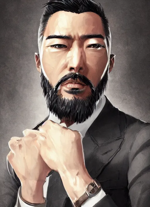 Image similar to a highly detailed illustration of fierce short black haired asian man with goatee wearing suit, dramatic reading book pose, muscular, intricate, elegant, highly detailed, centered, digital painting, artstation, concept art, smooth, sharp focus, league of legends concept art, WLOP