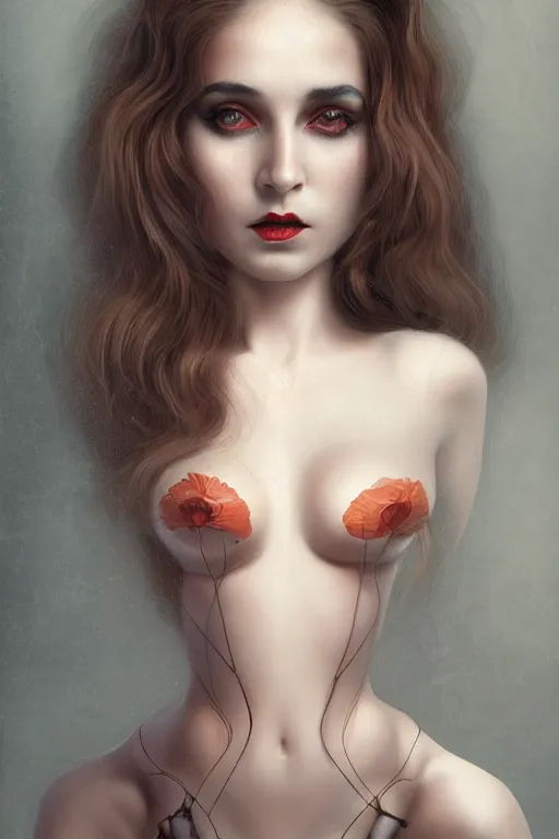 Image similar to Film noir portrait of a beautiful female dollpunk with thin lustrous hair wearing a bodysuit, focus, detailed, realistic eyes, symmetric body features proportions, intricate details, award winning, by Tom Bagshaw