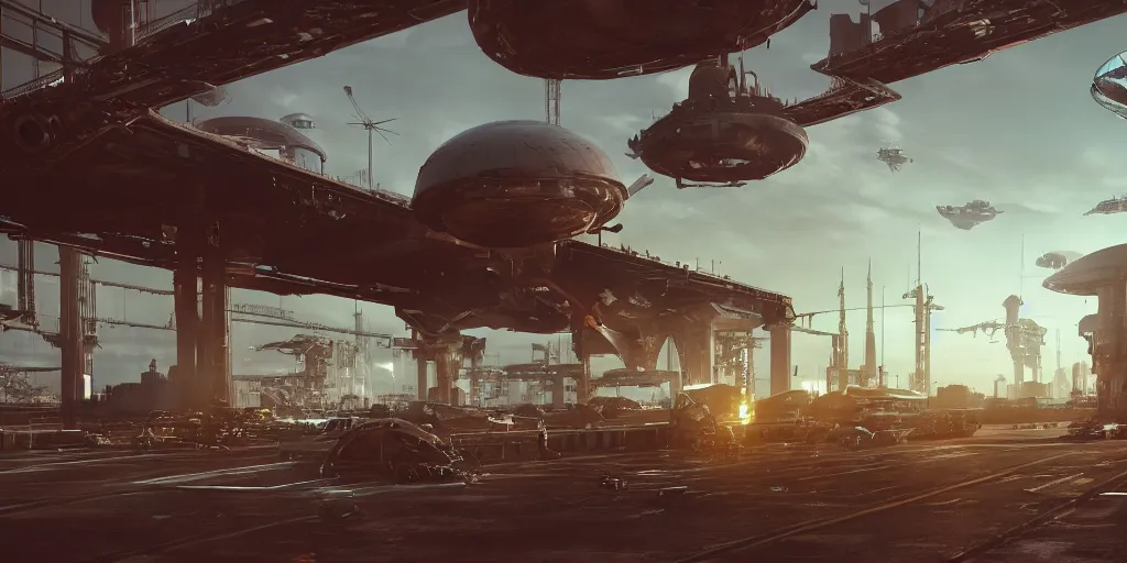 Image similar to alien spacecraft hovering over busy space port surrounded by alien robots, steel archways, industrial buildings, rusty metal towers, sun setting, cinematic lighting, digital painting, octane render