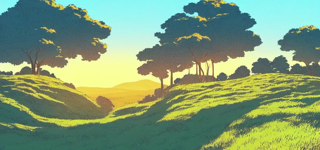 Prompt: hill and countryside during golden hour by studio ghibli, peaceful, serene, blissful, golden hour