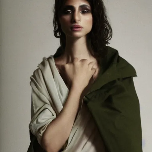 Image similar to a muted colors natural portrait photograph of a Iranian model, editorial story, i-D magazine , editorial photography