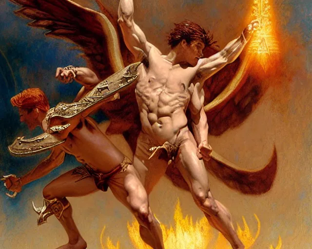 Image similar to attractive male deity, casting demonic magic, summoning ( muscular ) lucifer morning star, as they battle over the earthly realm, highly detailed painting by gaston bussiere, craig mullins, j. c. leyendecker, tom of finland