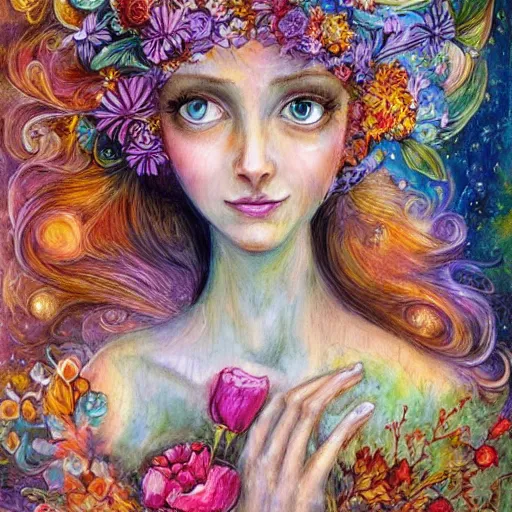 Image similar to a painting of a a woman with flowers in her hair, a storybook illustration by josephine wall, watercolor, deviantart, metaphysical painting, storybook illustration, detailed painting, whimsical, psychedelic art