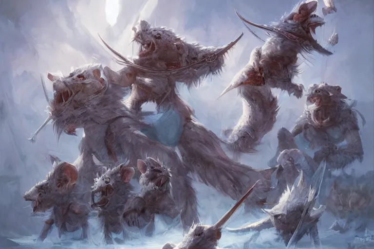 Prompt: dungeons and dragons fantasy painting, close order phalanx of mice spartans, 3 0 0, whimsical and cute, determined expressions, watery blue eyes, anime inspired, white fur, tufty whiskers, dawn lighting, at thermopolae by brain froud jessica rossier and greg rutkowski
