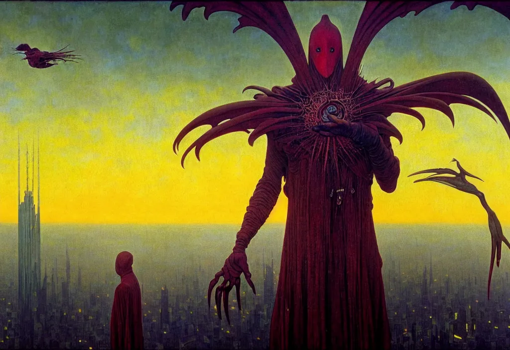 Image similar to realistic detailed portrait movie shot of a birdman wearing dark ragged robes, futuristic city sunrise landscape background by denis villeneuve, jean delville, yves tanguy, alphonse mucha, ernst haeckel, max ernst, roger dean, rich moody colours, cinematic closeup