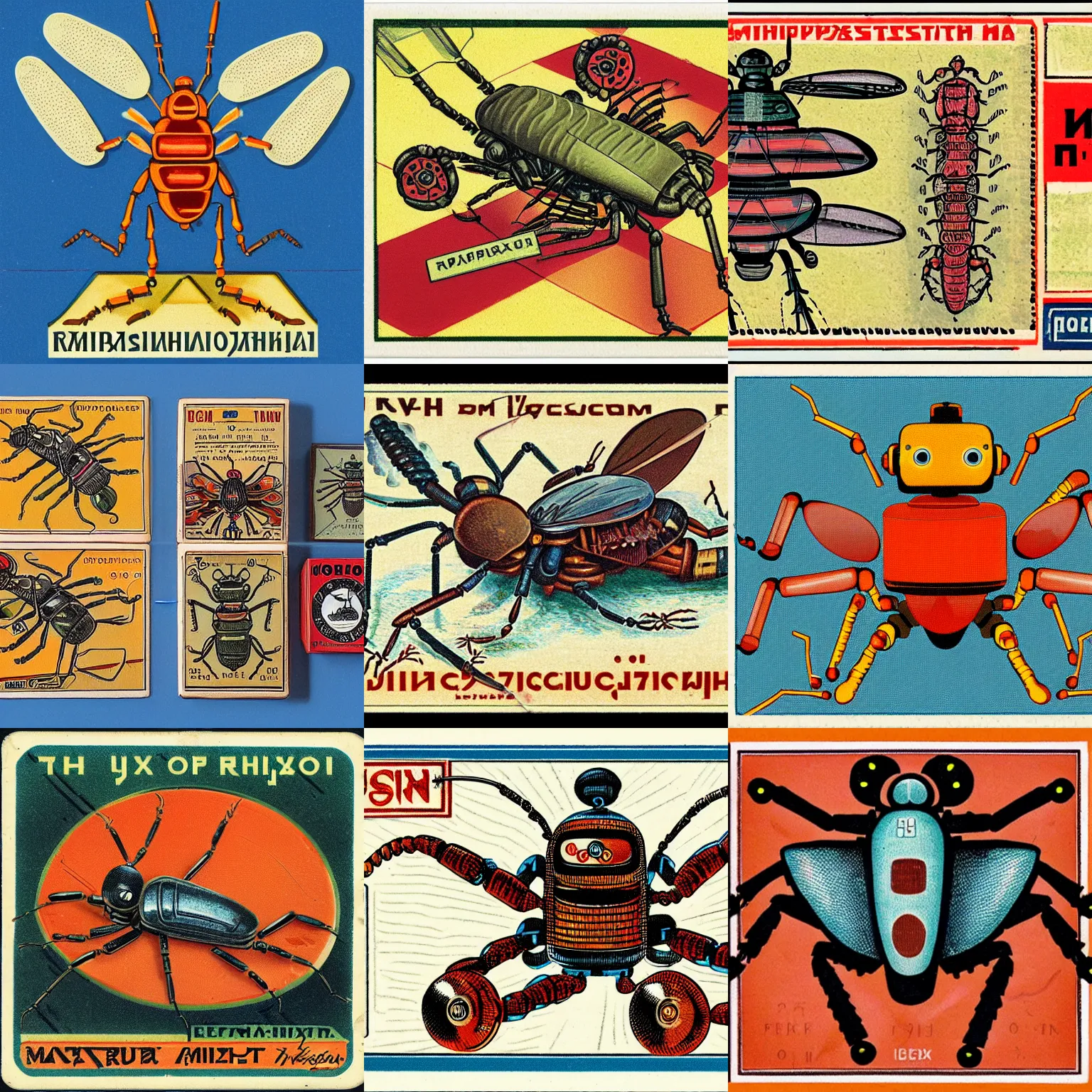 Prompt: the inner workings of a robot insect in the form of a russian matchbox label